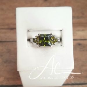 Princess Cut Olive Green CZ 925 Silver Ring - Size 9
